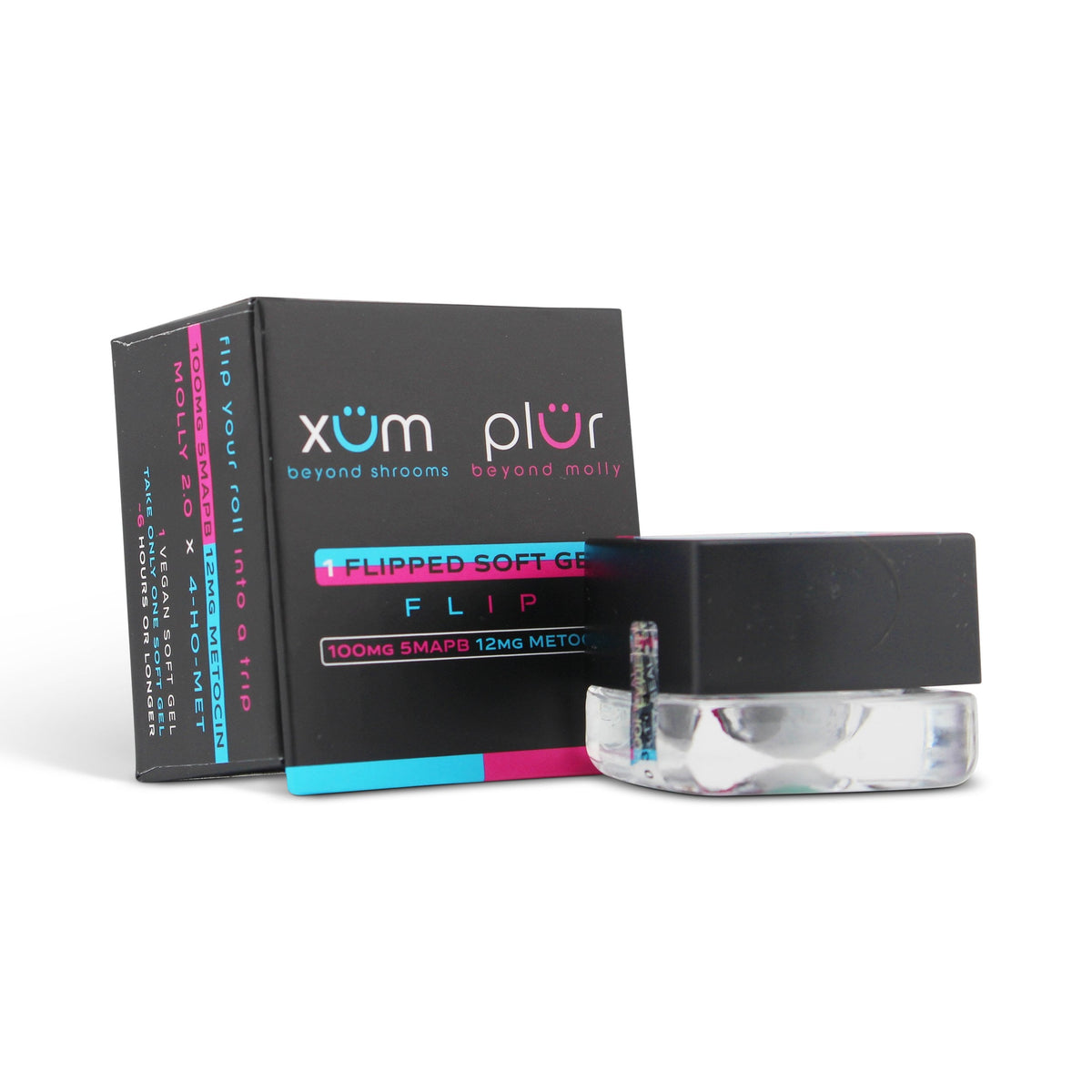 XÜM PLUR Flip Soft Gel 100mg 5MAPB 12mg Metocin Jar and Box